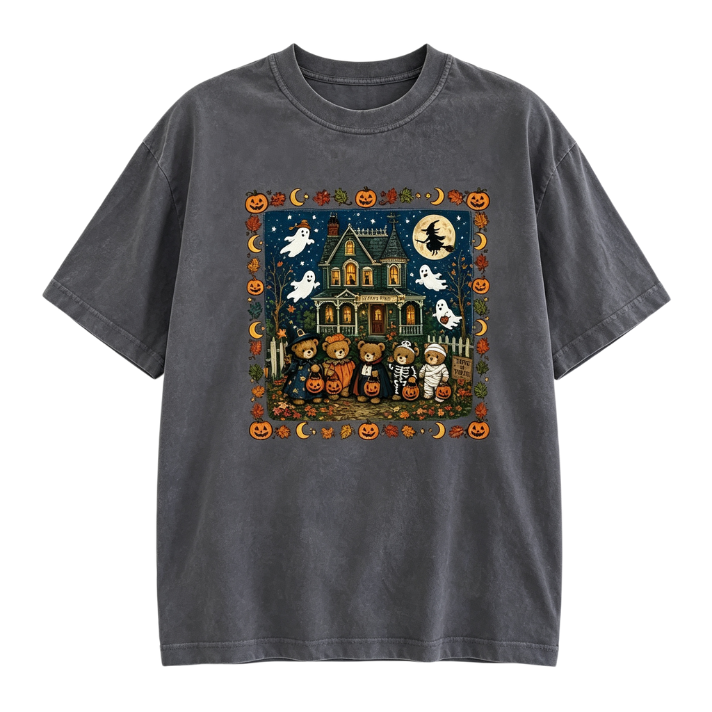 Vintage Halloween Ghost House Graphic T-Shirt – Spooky Season Oversized Tee