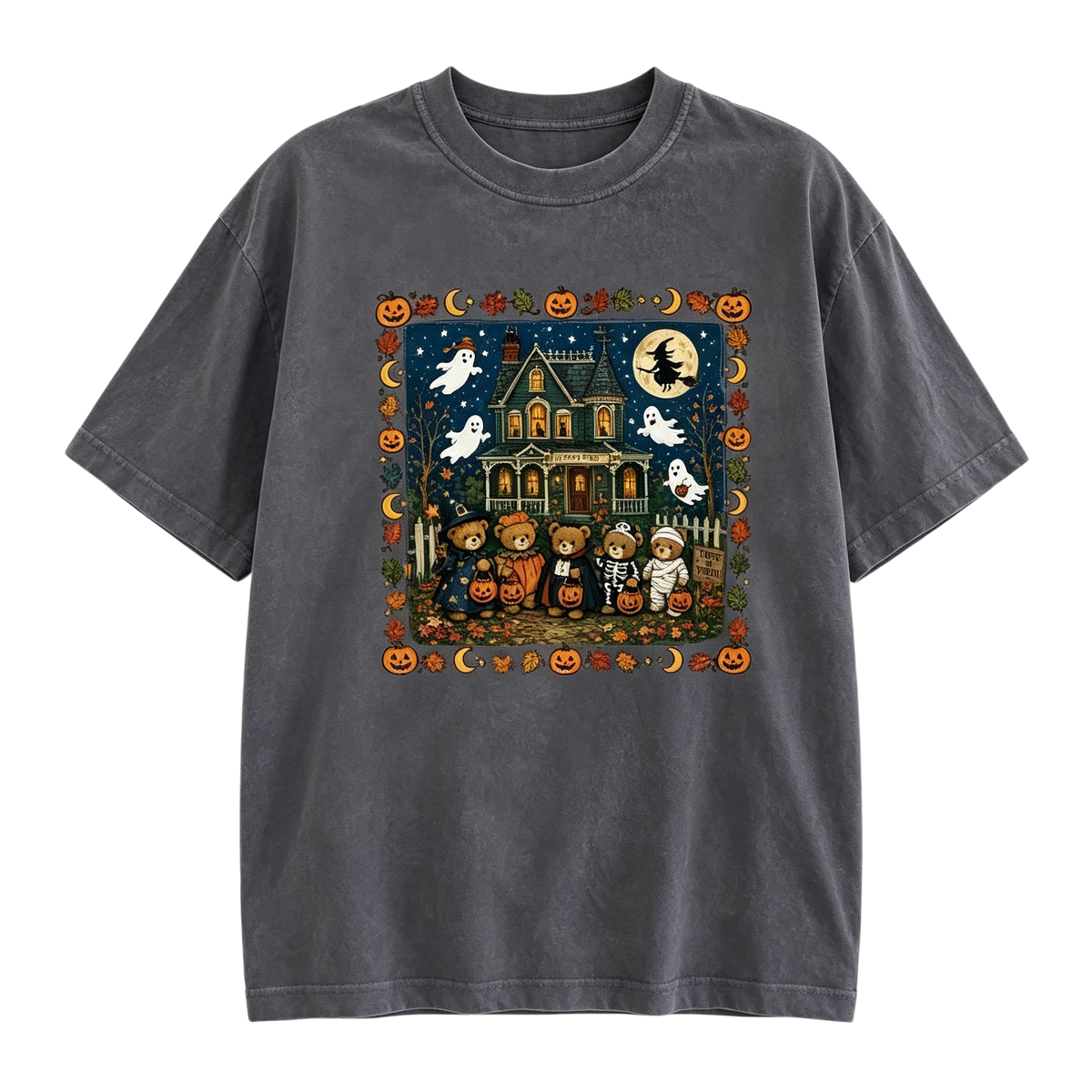 Vintage Halloween Ghost House Graphic T-Shirt – Spooky Season Oversized Tee