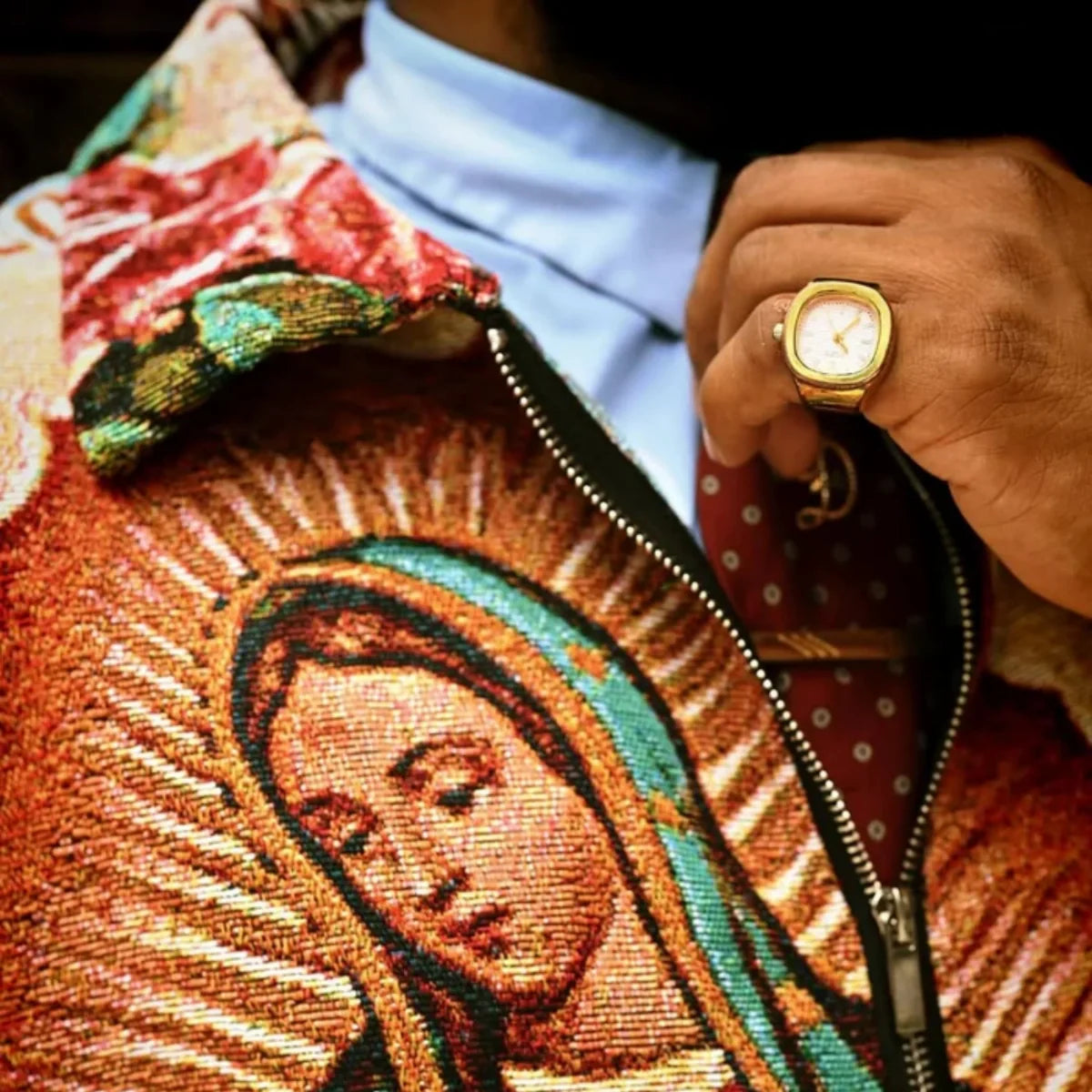 Virgin Mary Tapestry Zip Jacket – Woven Jacquard Religious Art Jacket