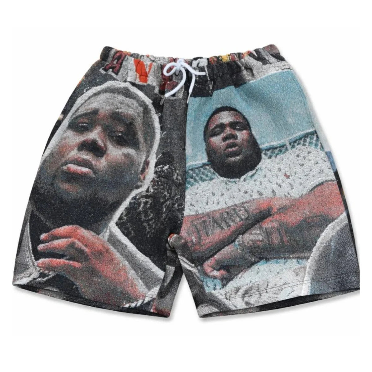 Hip-Hop Portrait Tapestry Shorts – Vintage Woven Streetwear Graphic Shorts