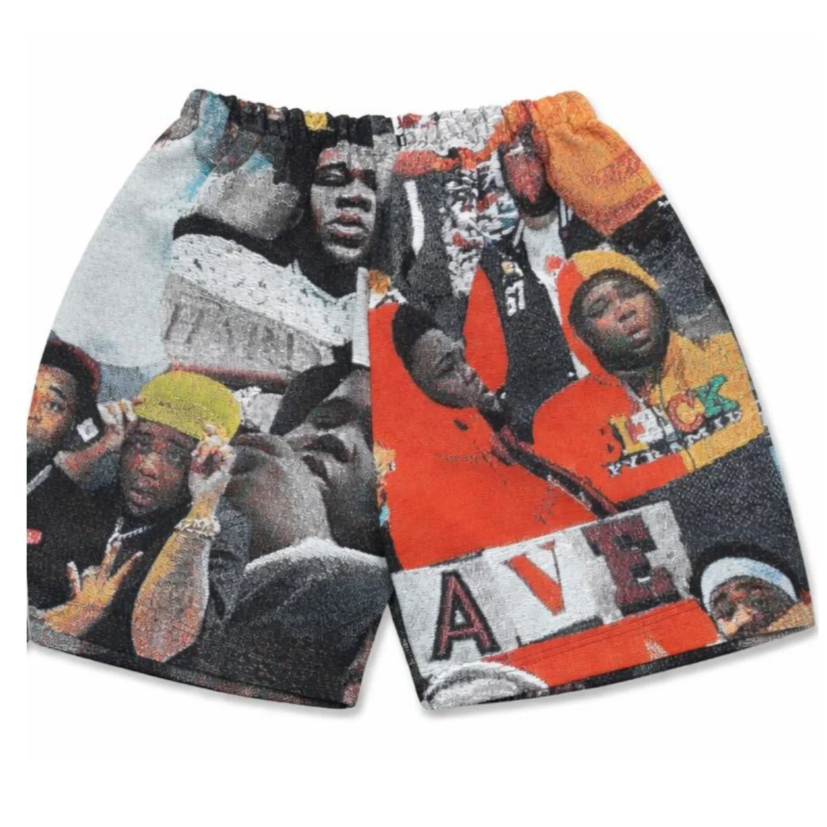 Hip-Hop Portrait Tapestry Shorts – Vintage Woven Streetwear Graphic Shorts