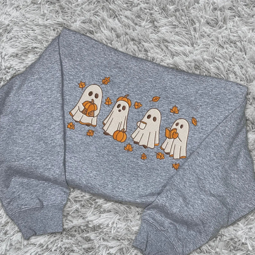 Vintage Ghost Embroidery Sweatshirt | Cozy Black Halloween Pullover