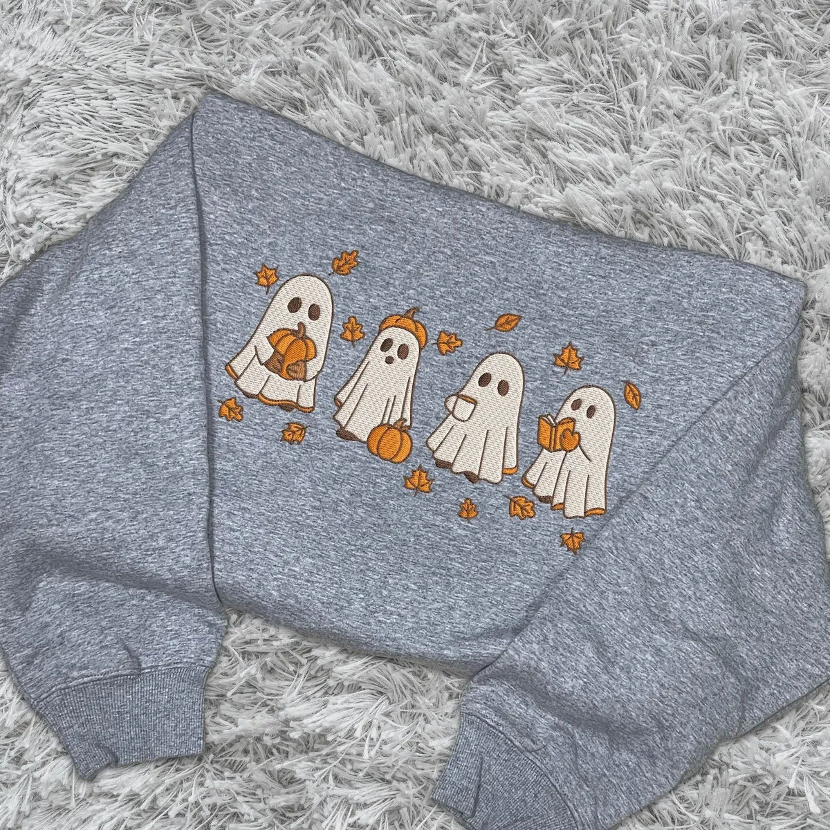 Vintage Ghost Embroidery Sweatshirt | Cozy Black Halloween Pullover