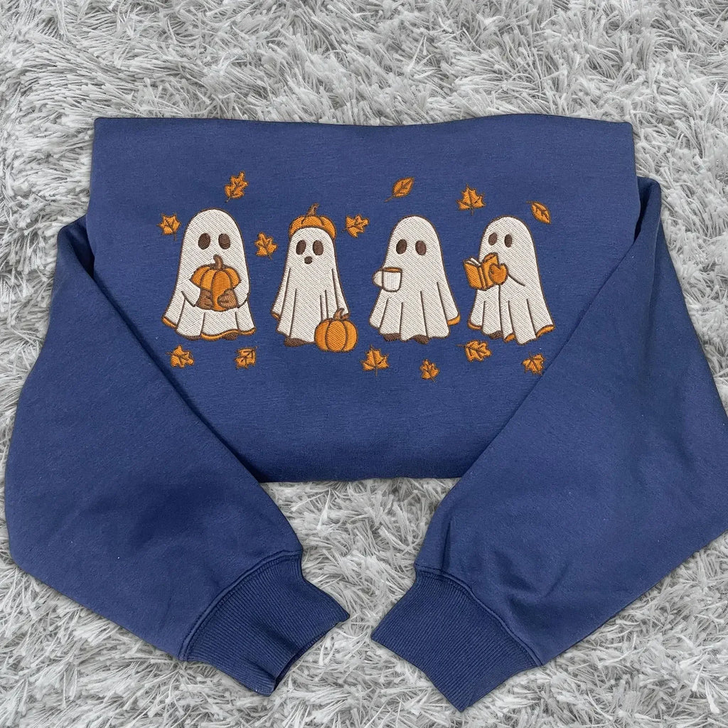 Vintage Ghost Embroidery Sweatshirt | Cozy Black Halloween Pullover