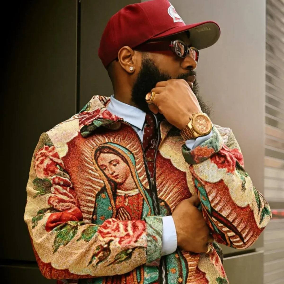 Virgin Mary Tapestry Zip Jacket – Woven Jacquard Religious Art Jacket