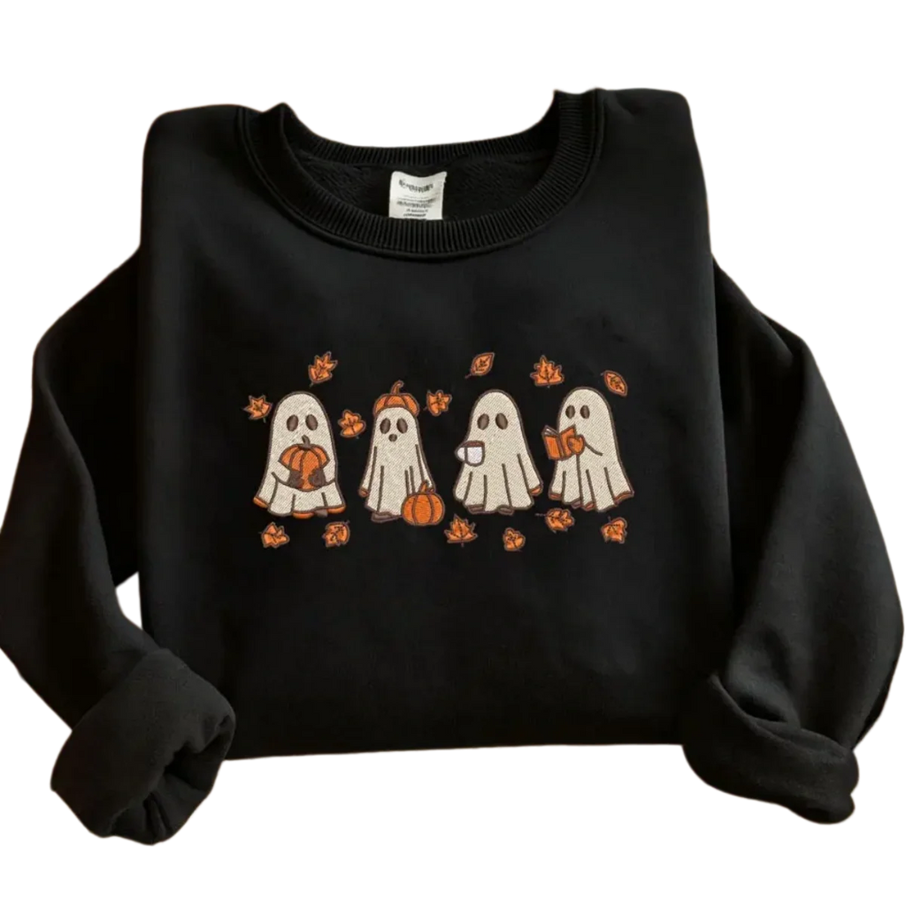 Vintage Ghost Embroidery Sweatshirt | Cozy Black Halloween Pullover
