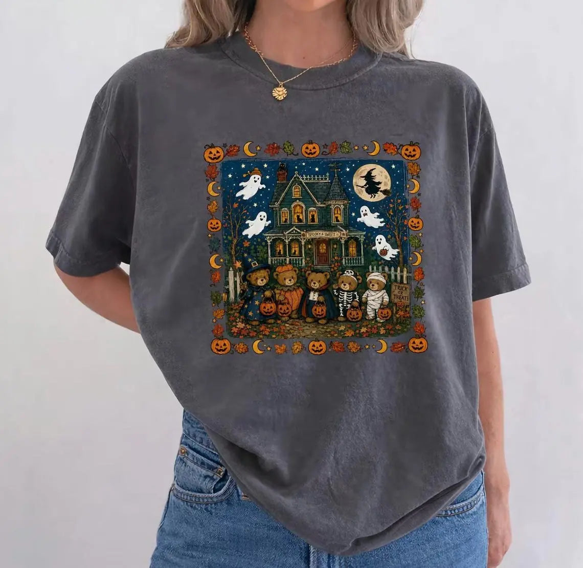 Vintage Halloween Ghost House Graphic T-Shirt – Spooky Season Oversized Tee