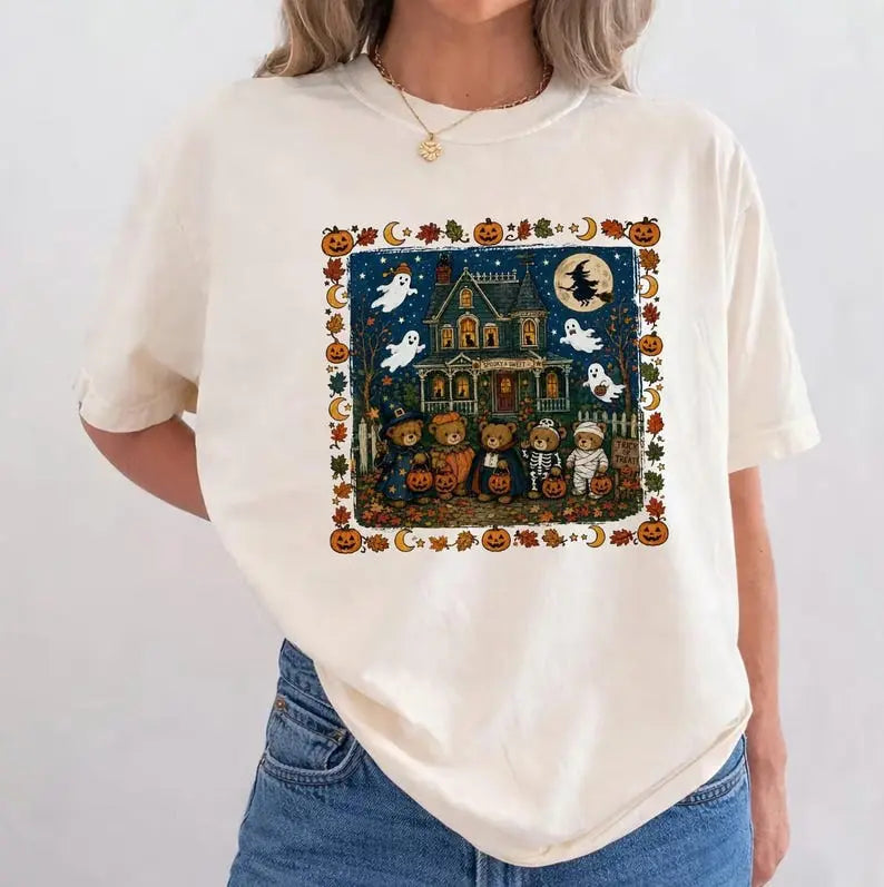 Vintage Halloween Ghost House Graphic T-Shirt – Spooky Season Oversized Tee